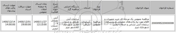 مناقصه عمومی یک مرحله ای خرید تجهیزات و اقلام مورد نیاز واحدهای عملیاتی و پشتیبانی سازمان آتش نشانی و خدمات ایمنی شهرداری تبریز