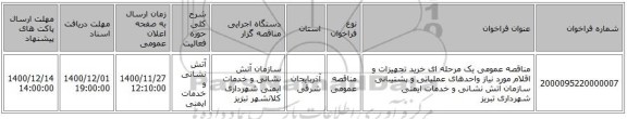 مناقصه عمومی یک مرحله ای خرید تجهیزات و اقلام مورد نیاز واحدهای عملیاتی و پشتیبانی سازمان آتش نشانی و خدمات ایمنی شهرداری تبریز