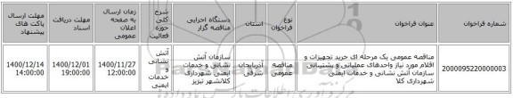 مناقصه عمومی یک مرحله ای  خرید تجهیزات و اقلام مورد نیاز واحدهای عملیاتی و پشتیبانی سازمان آتش نشانی و خدمات ایمنی شهرداری کلا
