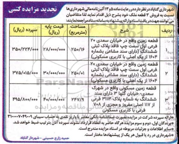 مزایده فروش 3 ملک به مساحت 250.16 و غیره