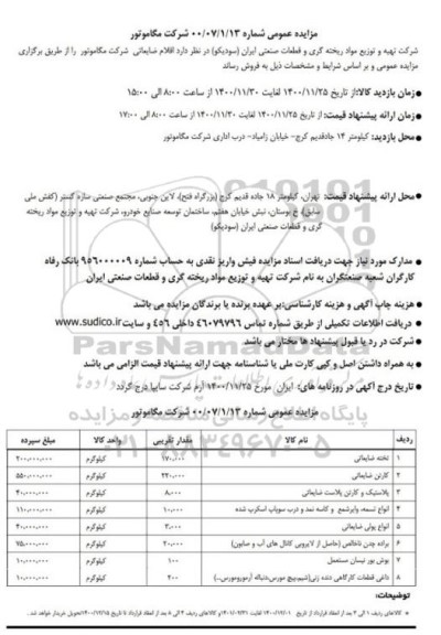 مزایده فروش اقلام ضایعاتی و مستعمل شرکت مگاموتور