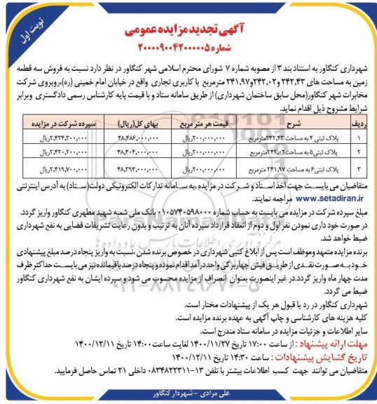 مزایده فروش سه قطعه زمین به مساحت 43 و 242 و 02 و 242 و 97 و 241 مترمربع با کاربری تجاری