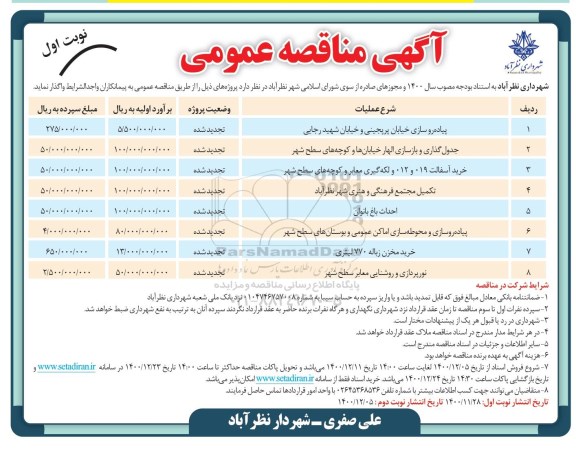 مناقصه پیاده روسازی خیابان پرپجینی و خیابان... تجدید