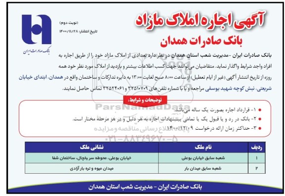 مزایده اجاره املاک مازاد - نوبت دوم