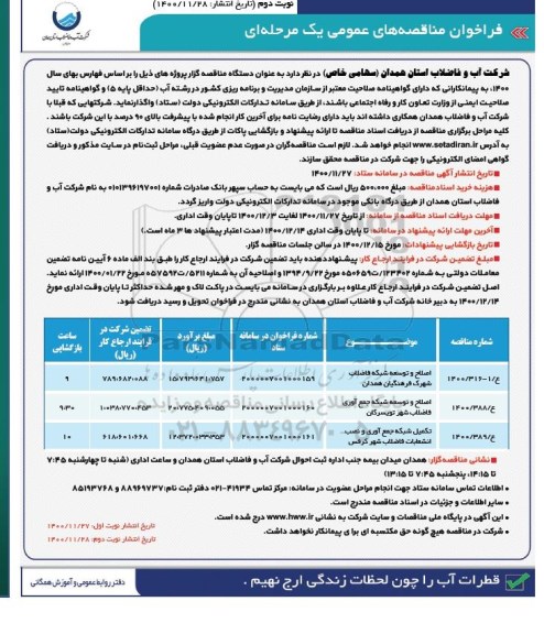 مناقصه اصلاح و توسعه شبکه فاضلاب و...