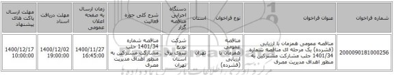 مناقصه عمومی همزمان با ارزیابی (فشرده) یک مرحله ای مناقصه شماره 1401/34 جلب مشارکت مشترکین به منظور اهداف مدیریت مصرف