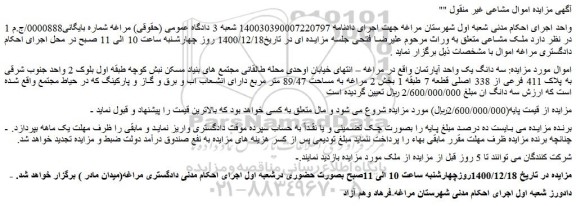 مزایده سه دانگ یک واحد آپارتمان 