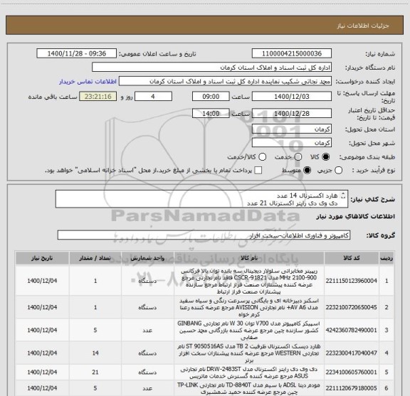 استعلام هارد اکسترنال 14 عدد
دی وی دی رایتر اکسترنال 21 عدد
اسپیکر بزرگ 5
مودم ای دی اس ال 2 عدد
اسکنر 1 عدد
ریپیتر پاورمکس 1 عدد
