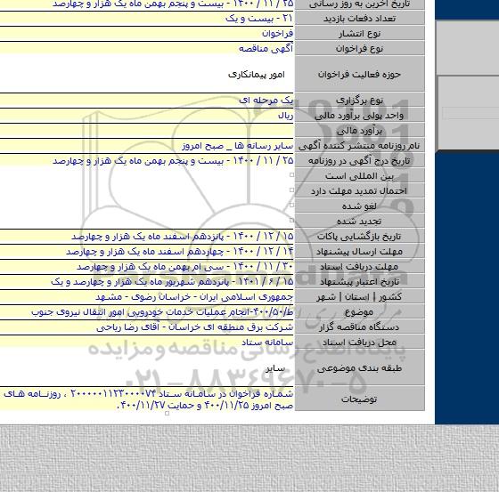 ط/۴۰۰/۵۰-انجام عملیات خدمات خودرویی امور انتقال نیروی جنوب