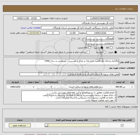 استعلام واگذاری مرحله دوم فعالیت طرح مانا در مراکز و موسسات غیردولتی در سال 1400