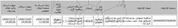 مناقصه عمومی دو مرحله ای خرید دو دستگاه ونتیلاتور نوزاد جهت بیمارستان تامین اجتماعی خرم آباد