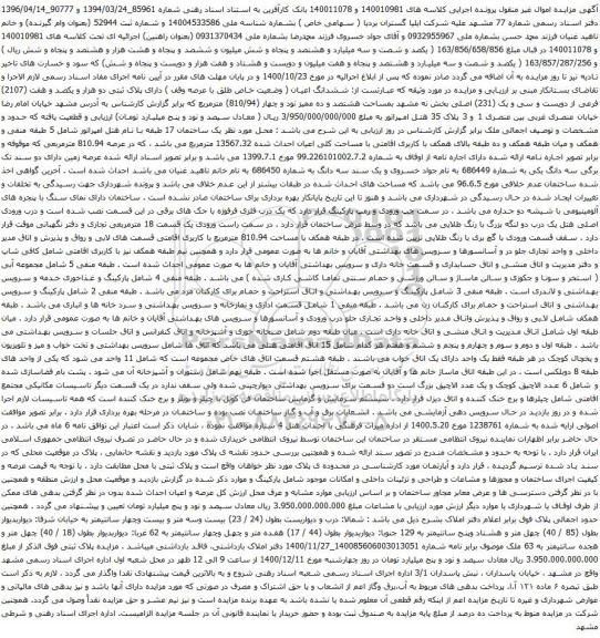 آگهی مزایده ششدانگ اعیان ( وضعیت خاص طلق با عرصه وقف ) دارای پلاک ثبتی دو هزار و یکصد و هفت (2107)