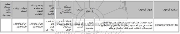 خرید خدمات مشاوره تجدید خدمات مشاوره خدمات مهندسی مرحله سوم (نظارت کارگاهی و عالیه) ایجاد تاسیسات فاضلاب شهرهای چالدران و ماکو