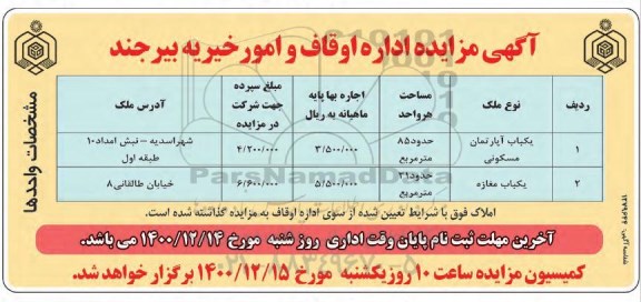 مزایده واگذاری یک باب آپارتمان مسکونی و یک باب مغازه