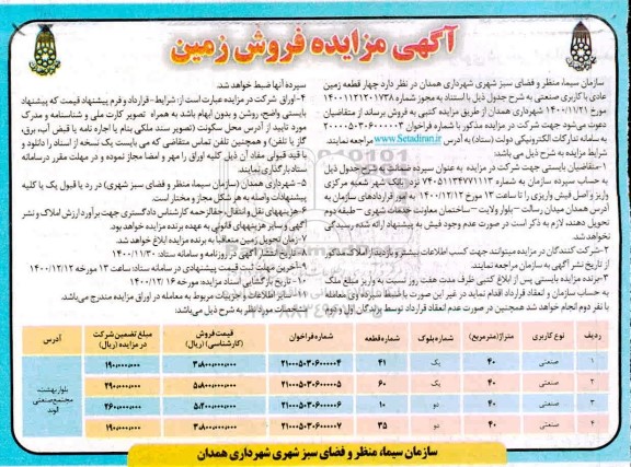 مزایده فروش چهار قطعه زمین عادی با کاربری صنعتی
