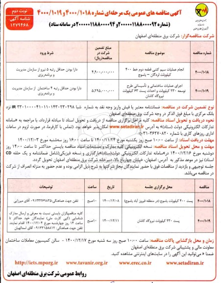 مناقصه انجام عملیات سیم کشی قطعه دوم خط 400 .... نوبت دوم 