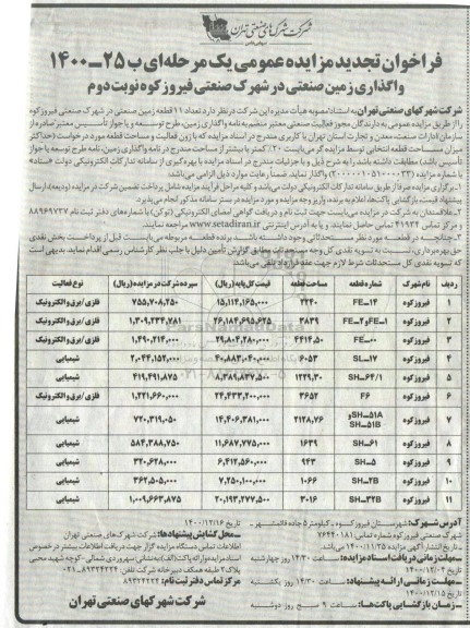 فراخوان مزایده تعداد 11 قطعه زمین صنعتی تجدید نوبت دوم 