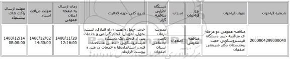 مناقصه عمومی دو مرحله ای مناقصه خرید دستگاه هیستروسکوپی جهت بیمارستان دکتر شریعتی اصفهان