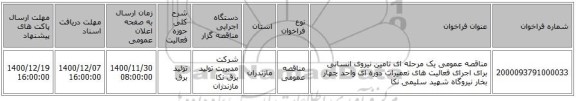 مناقصه عمومی یک مرحله ای تامین نیروی انسانی برای اجرای فعالیت های  تعمیرات دوره ای واحد چهار بخار نیروگاه شهید سلیمی نکا