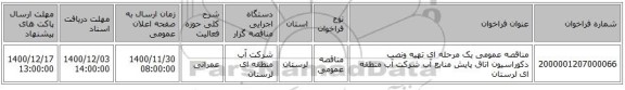 مناقصه عمومی یک مرحله ای تهیه ونصب دکوراسیون اتاق پایش منابع آب شرکت آب منطقه ای لرستان