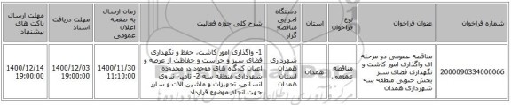 مناقصه عمومی دو مرحله ای واگذاری امور کاشت و نگهداری فضای سبز بخش جنوبی منطقه سه شهرداری همدان