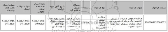 مناقصه عمومی همزمان با ارزیابی (فشرده) یک مرحله ای تجدید پروژه احداث بندهای رسوبگیر حوزه گونلو شهرستان رزن