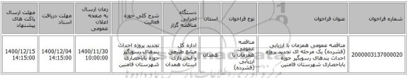 مناقصه عمومی همزمان با ارزیابی (فشرده) یک مرحله ای تجدید پروژه احداث بندهای رسوبگیر حوزه باباحصاری شهرستان فامنین