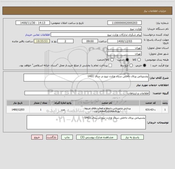 استعلام پشتیبانی پرتال داخلی ستاد وزارت نیرو در سال 1401