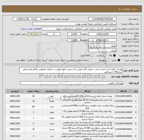 استعلام پوشه دکمه دار + مداد تراش + زونکن 8 سانتی و 4 سانتی +روان نویس + ماژیک معمولی +کاور پلاستیکی سایزA4 + زیر پایی 