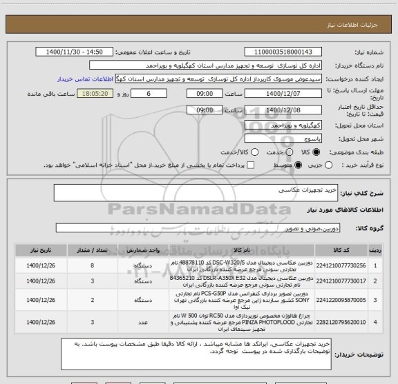 استعلام خرید تجهیزات عکاسی