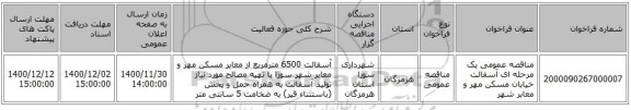 مناقصه عمومی یک مرحله ای آسفالت خیابان مسکن مهر و معابر شهر