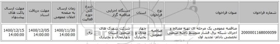 مناقصه عمومی یک مرحله ای تهیه مصالح و اجرای شبکه برق فشار متوسط ناحیه صنعتی تخصصی بادام- تجدید اول