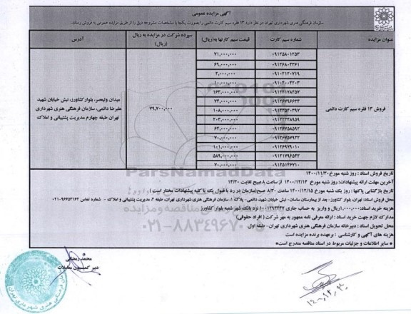 مزایده، مزایده فروش 13 فقره سیم کارت دائمی 