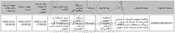 مناقصه عمومی همزمان با ارزیابی (فشرده) یک مرحله ای خرید شیرآلات و متعلقات ایستگاه‌های کنترل فشار و جریان غدیر جنوبی