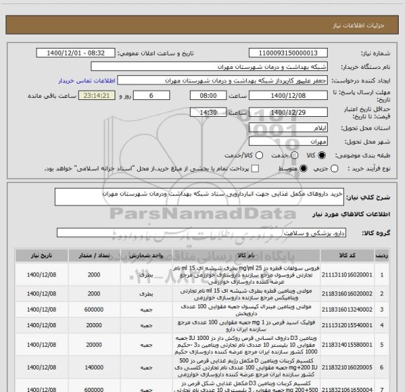استعلام خرید داروهای مکمل غذایی جهت انباردارویی ستاد شبکه بهداشت ودرمان شهرستان مهران
