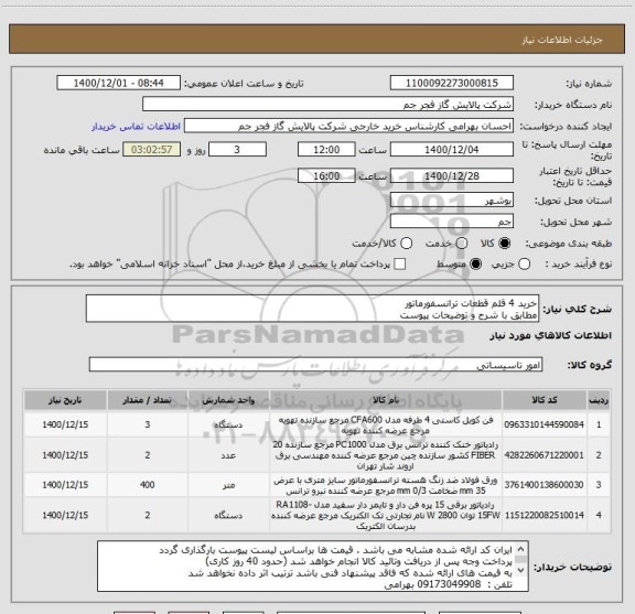 استعلام خرید 4 قلم قطعات ترانسفورماتور 
مطابق با شرح و توضیحات پیوست 
