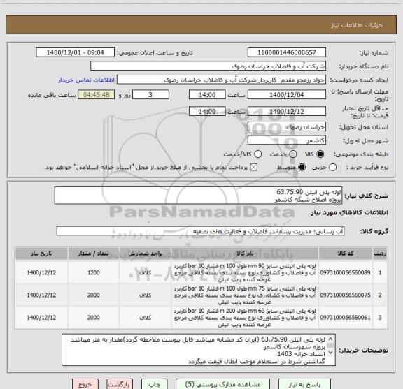 استعلام لوله پلی اتیلن 63،75،90 
پروژه اصلاح شبکه کاشمر