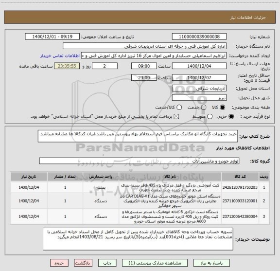 استعلام خرید تجهیزات کارگاه اتو مکانیک براساس فرم استعلام بهاء پیوستی می باشد.ایران کدکالا ها مشابه میباشد