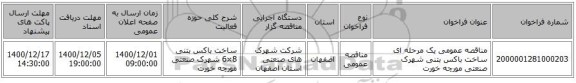 مناقصه عمومی یک مرحله ای ساخت باکس بتنی شهرک صنعتی مورچه خورت 
