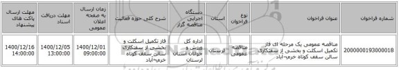 مناقصه عمومی یک مرحله ای فاز تکمیل اسکلت و بخشی از سفتکاری سالن سقف کوتاه خرم¬آباد  