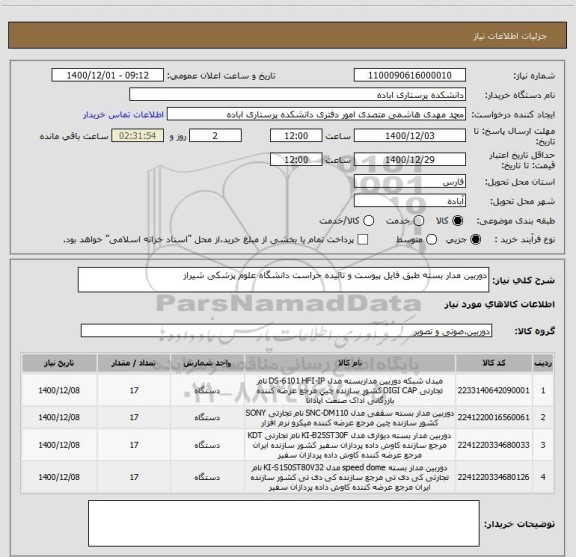 استعلام دوربین مدار بسته طبق فایل پیوست و تائیده حراست دانشگاه علوم پزشکی شیراز