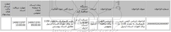 فراخوان ارزیابی کیفی خرید کلرورفریک به مقدار 1150 تن برای امورات استان اردبیل