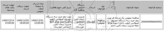 مناقصه عمومی یک مرحله ای  نوبت دوم خرید سه دستگاه خودروی آمبولانس (تولید داخل)  جهت مراکز تابعه مدیریت درمان تامین اجتم