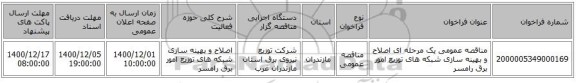 مناقصه عمومی یک مرحله ای اصلاح و بهینه سازی شبکه های توزیع امور برق رامسر