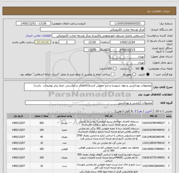 استعلام محصولات بهداشتی و مواد شوینده و ضد عفونی کننده(کالاهای درخواستی حتما برابر توضیحات  باشد)