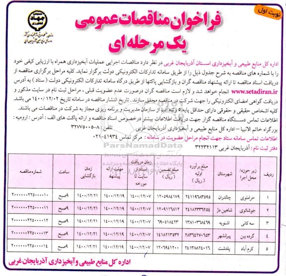 فراخوان مناقصه اجرای عملیات آبخیزداری