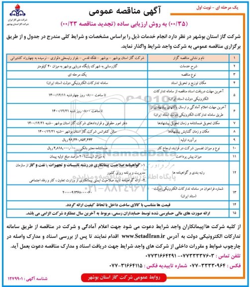 مناقصه گازرسانی به شهرک پایگاه دریایی ... 