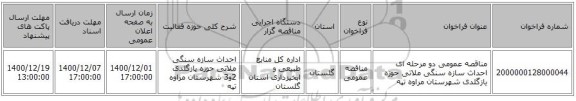 مناقصه عمومی دو مرحله ای احداث سازه سنگی ملاتی حوزه یازگلدی شهرستان مراوه تپه