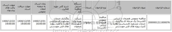 مناقصه عمومی همزمان با ارزیابی (فشرده) یک مرحله ای واگذاری خدمات مشاوره کارشناسی نظارت و کنترل پروژه های فنی مهندسی 