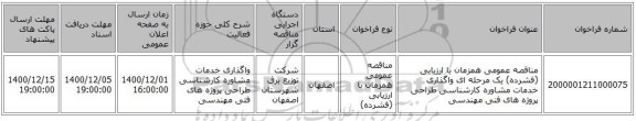 مناقصه عمومی همزمان با ارزیابی (فشرده) یک مرحله ای واگذاری خدمات مشاوره کارشناسی طراحی پروژه های فنی مهندسی 